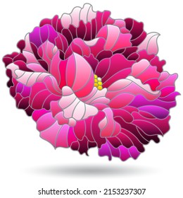 An illustration in the style of a stained glass window with a peony flower, a plant isolated on a white background