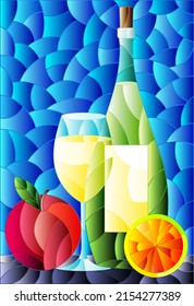 Illustration in the style of a stained glass window with a still life, a bottle of white wine, a glass and fruit on a blue background, a rectangular image