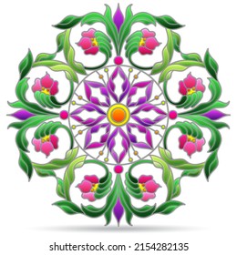 Illustration in the style of a stained glass window with a floral arrangement , plants isolated on a white background