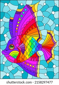 Illustration in the style of a stained glass window with a bright rainbow fish scalar on a background of blue water, rectangular image