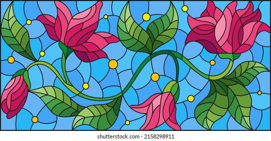 Illustration in the style of a stained glass window with a floral arrangement on a blue background, rectangular image