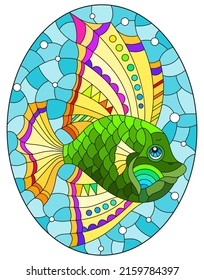 Illustration in the style of a stained glass window with a bright rainbow fish scalar on a background of blue water, oval image 