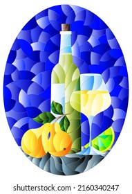 Illustration in the style of a stained glass window with a still life, a bottle of white wine, a glass and fruit on a blue background, oval image