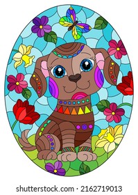 An illustration in the style of a stained glass window with a cute puppy on a background of sky, meadows and flowers, oval image