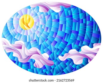 An illustration in the style of a stained glass window with an abstract sky, sun and clouds on a blue background, an oval image