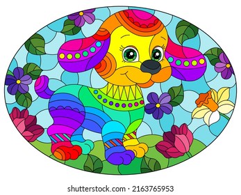 An illustration in the style of a stained glass window with a cute puppy on a background of sky, meadows and flowers, oval image
