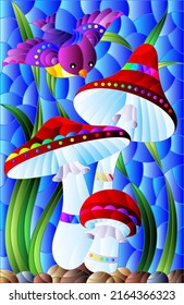 Illustration in the style of a stained glass window with bright mushrooms, grass and a burd on a blue background, rectangular image