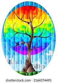 An illustration in the style of a stained glass window with an abstract  rainbow tree on the background of fields and a cloudy sky, oval image