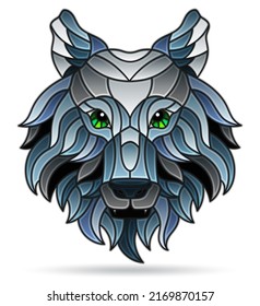 Illustration in the style of a stained glass window with a portrait of a wolf, muzzle isolated on a white background