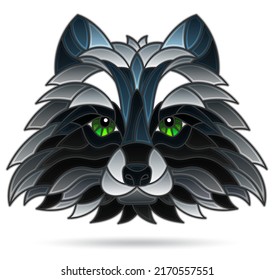 Illustration in the style of a stained glass window with a portrait of a raccoon, muzzle isolated on a white background