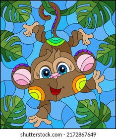 An illustration in the style of a stained glass window with a cute cartoon monkey on the branches of trees