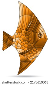 An illustration in the style of a stained glass window with a abstract fish, an animal isolated on a white background, tone brown