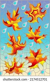 An illustration in the style of a stained glass window with bright maple leaves and raindrops on a blue sky background
