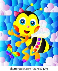 An illustration in the style of a stained glass window with a cute cartoon bee on a blue sky background, a rectangular image in a bright frame