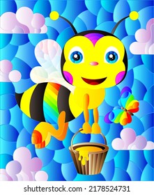 An illustration in the style of a stained glass window with a cute cartoon bee on a blue sky background, a rectangular image 