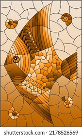 Illustration in the style of a stained glass window with a fish scalar, rectangular image, tone brown