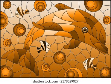 An illustration in the style of a stained glass window with a cute cartoon dolphin on a water background, a rectangular image, tone brown
