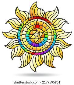 An illustration in the style of a stained glass window with a bright sun , isolated on a white background