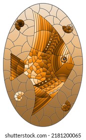 Illustration in the style of a stained glass window with a fish scalar on a background of  water, oval image, tone brown