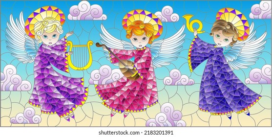 An illustration in the style of a stained glass window with angels with musical instruments on a cloudy sky background