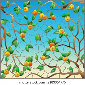 An Illustration In The Style Of A Stained Glass Window With Orange Tree Branches, Branches With Leaves And Fruits On A Blue Sky Background