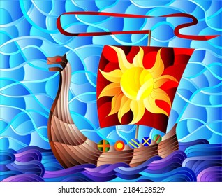 An illustration in the style of a stained glass window with an ancient Viking boat on the background of the ocean and sky