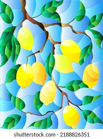 Illustration in the style of a stained glass window with the branches of lemon tree , the fruit branches and leaves against the sky