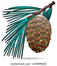 An illustration in the style of a stained glass window with a bright cone with needles , isolated on a white background