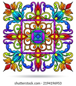 An illustration in the style of a stained glass window with a bright floral ornament, isolated on a white background
