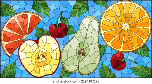 An illustration in the style of a stained glass window with juicy fruits and berries, on a blue background