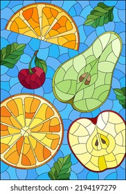 An illustration in the style of a stained glass window with juicy fruits and berries, on a blue background