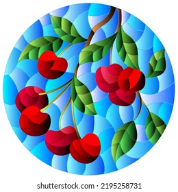 Illustration in the style of a stained glass window with the branches of cherry  tree , the  branches, leaves and berries against the sky, oval image 