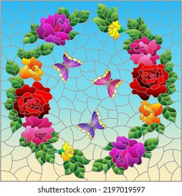 Illustration in the style of a stained glass window with a floral wreath of roses and butterflies , on a blue background