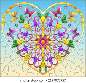 An illustration in the style of a stained glass window with an abstract heart with bright flowers and butterflies on a blue background