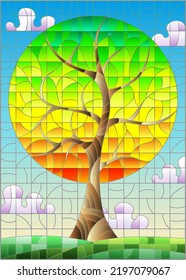 An illustration in the style of a stained glass window with an abstract tree on the background of fields and a cloudy sky