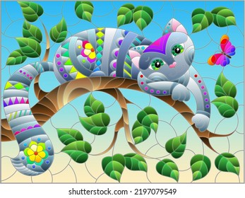 An illustration in the style of a stained glass window with a bright cat on the branches of a tree against the sky