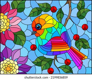 An illustration in the style of a stained glass window with a bright bird on the branches of a tree with flowers against the sky