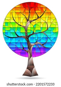 An illustration in the style of a stained glass window with a bright tree , a plant isolated on a white background