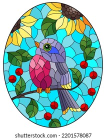 An illustration in the style of a stained glass window with a bright bird on the branches of a tree with flowers against the sky, oval image 