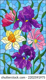 An illustration in the style of a stained glass window with a bright floral bouquet on a blue sky background