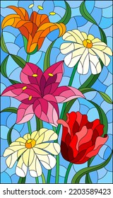 An illustration in the style of a stained glass window with a bright floral bouquet on a blue sky background