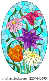 An illustration in the style of a stained glass window with a bright floral bouquet on a blue sky background, oval image