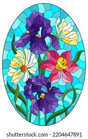 An illustration in the style of a stained glass window with a bright floral bouquet on a blue sky background, oval image