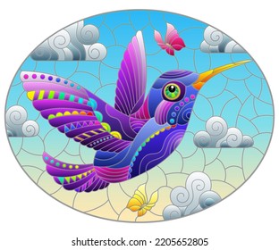 An illustration in the style of a stained glass window with a bright cartoon hummingbird bird on a background of blue sky and clouds, oval image