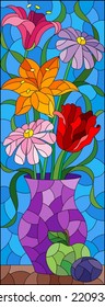 Illustration in the style of a stained glass window with a floral still life, flowers and fruits on a blue background