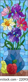 Illustration in the style of a stained glass window with a floral still life, flowers and fruits on a blue background