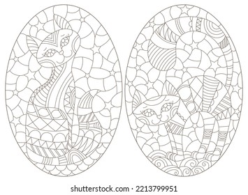 Illustration in the style of a stained glass window with cartoon cats, dark outlines on a white background