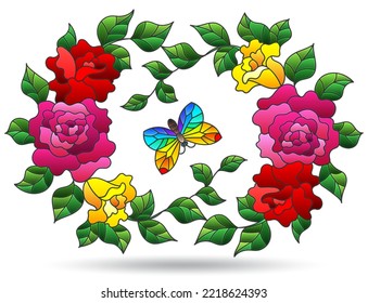 Illustration in the style of a stained glass window with a flower wreath and a butterfly, isolated on a white background