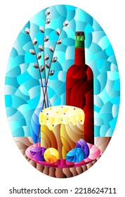 Illustration in the style of a stained glass window with an Easter still life, a bottle of cahors, a willow and a cake on a blue background, oval image