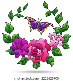 Illustration in the style of a stained glass window with a flower wreath and a butterfly, isolated on a white background